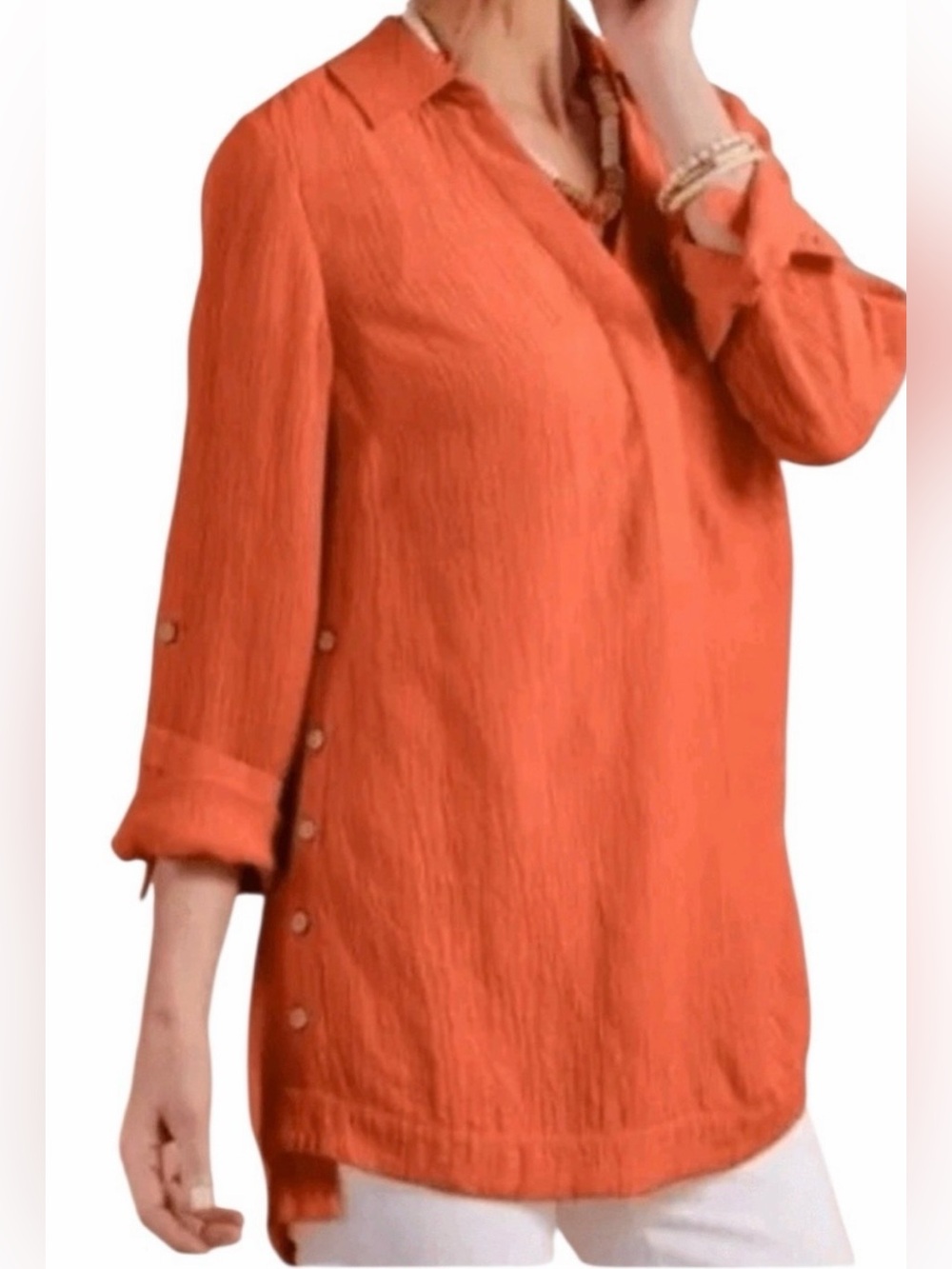 Soft Surroundings Sorano Gauze Coral Roll-Tab Collared Tunic Top Side Buttons 3X